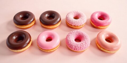 Fototapeta premium A delightful arrangement of chocolate and pink glazed donuts, showcasing a variety of textures and sweet treats