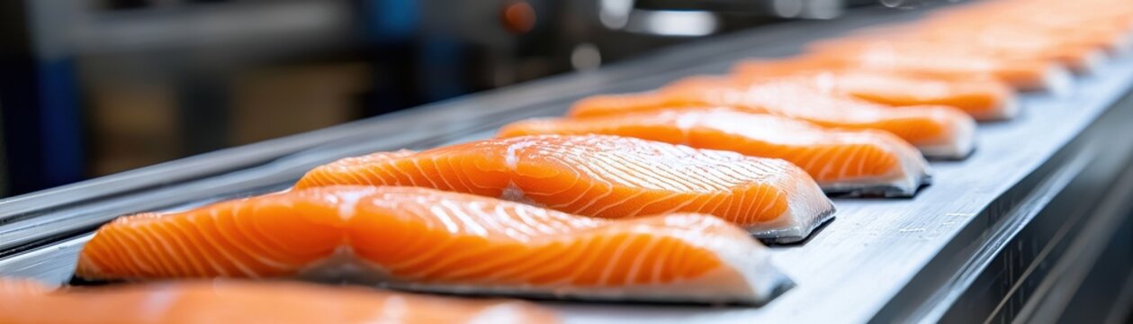 Fresh salmon fillets on a conveyor belt, showcasing the process of fish processing in a food production facility.
