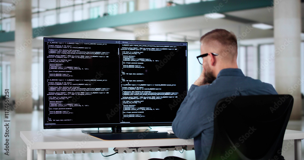 Fototapete Computer Programmer Writing Program Code On Computer