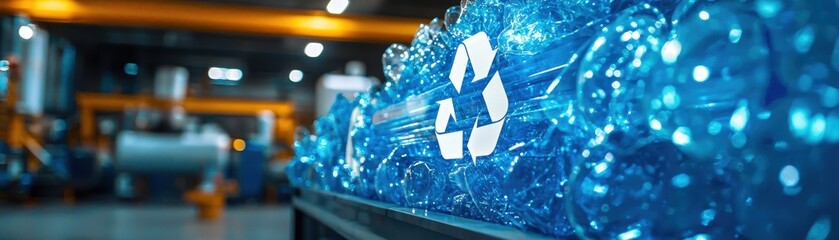 A close-up view of a blue recycling symbol on plastic bottles in a manufacturing facility, highlighting sustainability and environmental responsibility.
