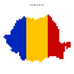 Romania pixel flag map icon. 8 bit pixel art Romanian map covered with flag. Flat vector illustration isolated on white background.