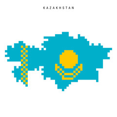 Kazakhstan pixel flag map icon. 8 bit pixel art Kazakh map covered with flag. Flat vector illustration isolated on white background.