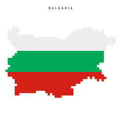 Bulgaria pixel flag map icon. 8 bit pixel art Bulgarian map covered with flag. Flat vector illustration isolated on white background.