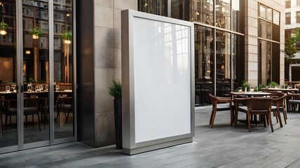 Blank white advertising stand display on city street, advertisement board. Empty marketing advertising billboard digital promotion sign