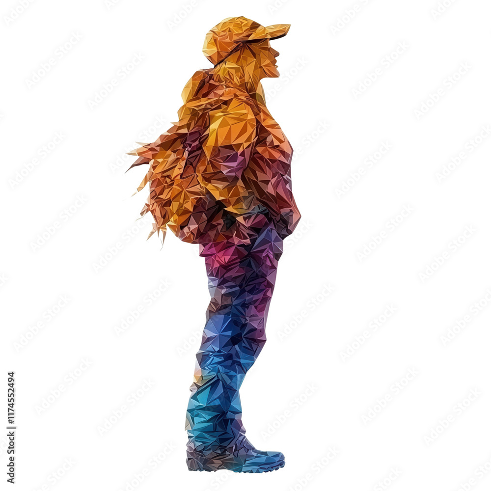 Poster a colorful, abstract figure resembling a person, composed of layered textures and hues, standing in 