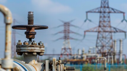 Fototapeta premium Close-up of a gas pipeline valve in an industrial setting, representing energy infrastructure and natural gas supply systems. 