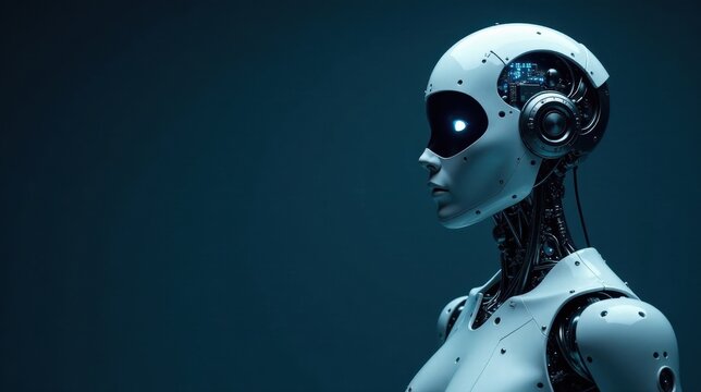 A Futuristic Female Robot's Profile, Displaying Intricate Mechanical Components and Glowing Eyes, Against a Dark Background