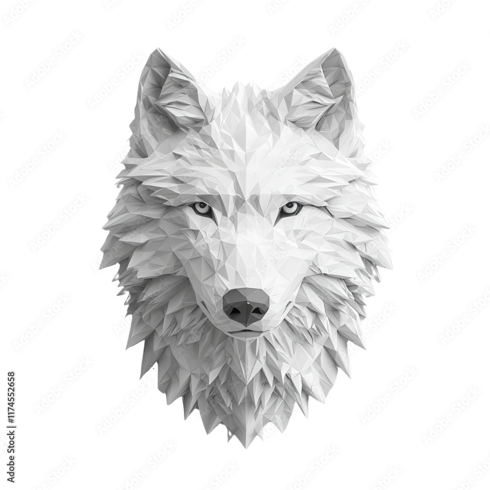 Poster a stylized, low-poly wolf head with sharp features and a striking expression, showcasing intricate d