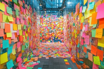 Hallway with Colorful Sticky Notes Scattered Across Floor and Walls, Vibrant Post-it Notes with Handwritten Text, Creative Office or Brainstorming Session Background