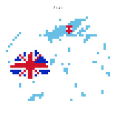 Obraz premium Fiji pixel flag map icon. 8 bit pixel art Fijian map covered with flag. Flat vector illustration isolated on white background.