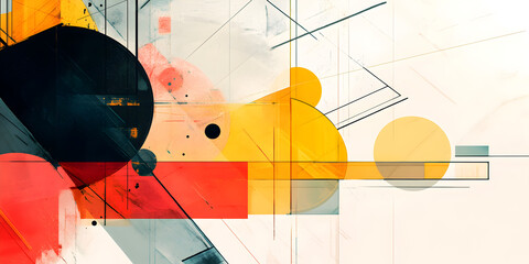 Abstract Geometric Shapes in Vibrant Hues: A captivating interplay of bold lines, vibrant colors, and geometric shapes creates a dynamic and artistic composition. The interplay of black, red, yellow.