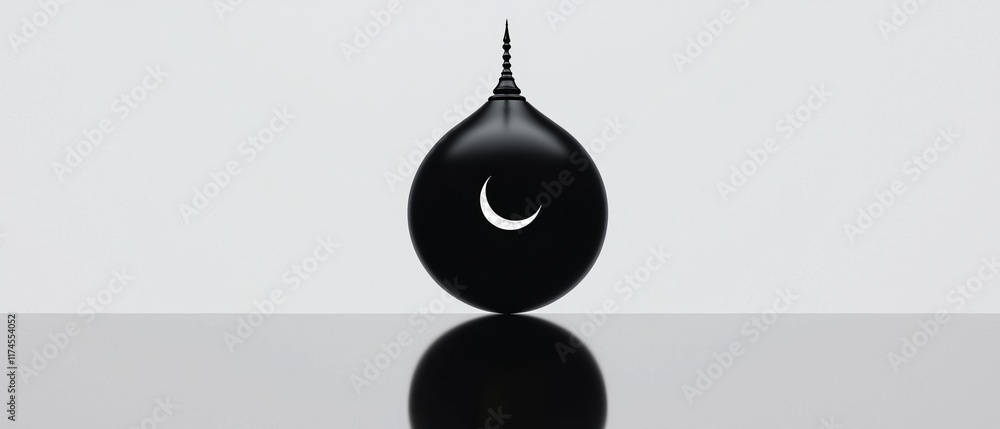 Poster ramadan gratitude concept. black teardrop shape with a reflective surface on a minimalist background