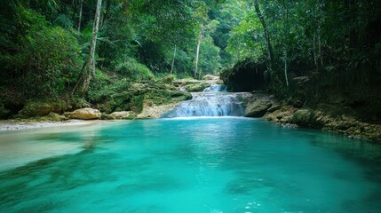 Tropical Paradise: Lush Rainforest and Turquoise Waterfall