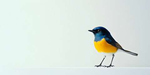 Obraz premium Blue-and-Yellow Bird on White Background: A vibrant blue and yellow bird perches on a stark white background, creating a striking visual contrast.