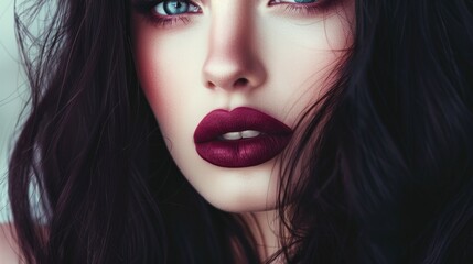 Fototapeta premium Portrait of beautiful brunette woman with bright maroon makeup, AI generated image