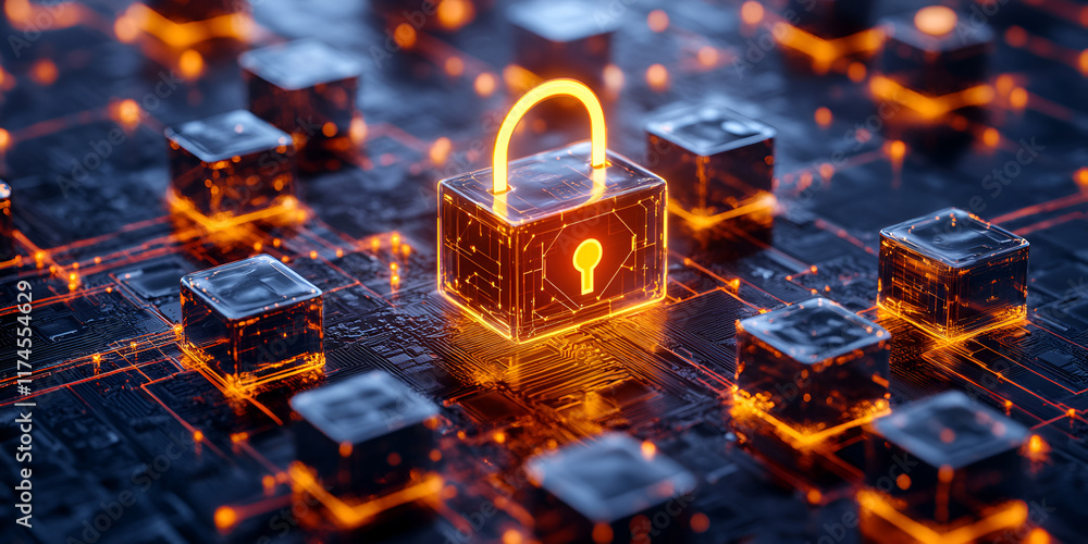 Poster cybersecurity lock: digital fortress. a glowing padlock sits at the heart of a complex, futuristic c