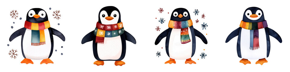 Fototapeta premium Playful and Colorful Penguin Characters with Vibrant Scarves Perfect for Winter-Themed s, , and Children's Educational Materials