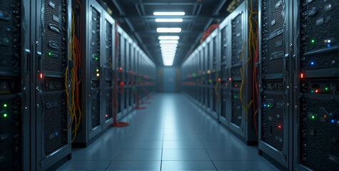 Obraz premium A spacious, well-organized server room featuring rows of servers neatly arranged in metal racks
