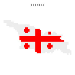 Obraz premium Georgia pixel flag map icon. 8 bit pixel art Georgian map covered with flag. Flat vector illustration isolated on white background.