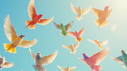 Colorful birds in flight against a bright blue sky.