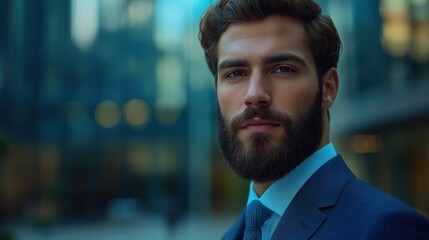 Fototapeta premium Confident businessman portrait, city backdrop, headshot, professional