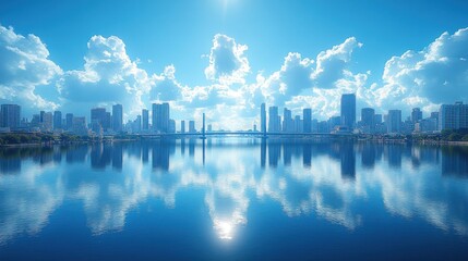 Fototapeta premium City skyline reflected in calm water under a bright sunny sky with fluffy clouds.