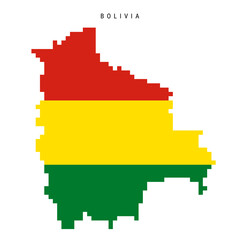 Bolivia pixel flag map icon. 8 bit pixel art Bolivian map covered with flag. Flat vector illustration isolated on white background.