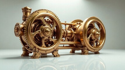 Obraz premium Intricate Golden Gear System A Detailed Model of Complex Machinery with Rotating Wheels and Interlocking Components, Showcasing Precision Engineering and Mechanical Design
