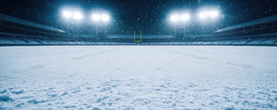 A snow-covered football field at night, illuminated by stadium lights, creating a serene and quiet winter atmosphere. - Powered by Adobe