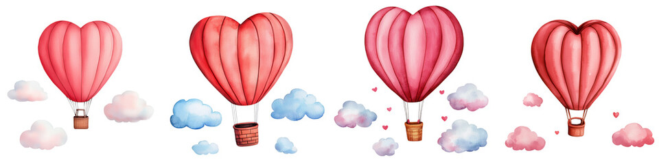 Colorful heart-shaped hot air balloons floating among fluffy clouds, creating a whimsical and romantic scene suitable for various artistic and festive projects.
