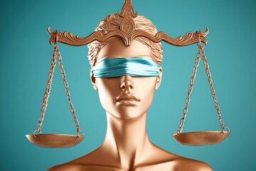 Women's day justice concept. Blindfolded figure symbolizing justice with scales on a blue background.