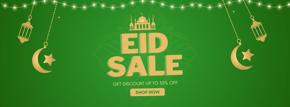 Eid Mubarak Sale with Discount 55% Off. Creative social media banner design with illustration
