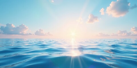 Obraz premium Serene ocean waves gently sway under a pastel sunrise sky, reflecting the sun's radiant beams across the tranquil water's surface.