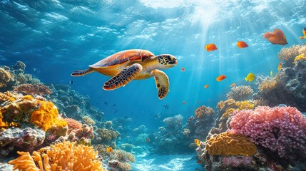 Sea Turtle in Coral Reef Underwater Sunlight