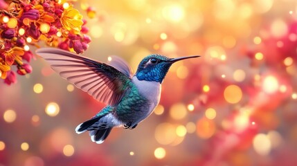 Obraz premium A vibrant hummingbird hovering near colorful flowers, creating a serene and enchanting scene.
