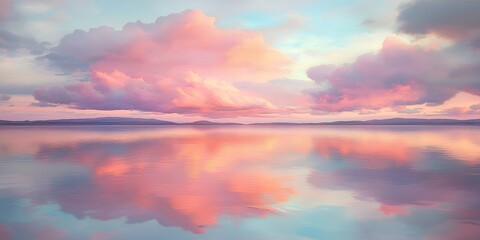 Fototapeta premium Serene Pink Sunset Sky Reflected in Calm Lake Water