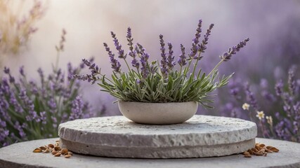 Minimalistic Pastel Lavender Podium with Purple Flowers on Rustic Stone.