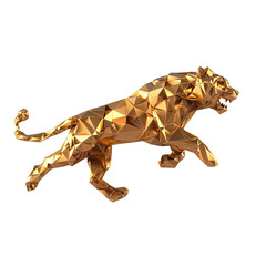 Obraz premium A golden, geometric sculpture of a leaping lion, showcasing intricate facets and sharp angles, symbolizing strength and agility.