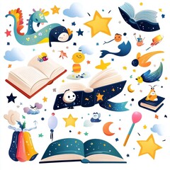 Naklejka premium Magical Storybook Elements Cute Characters, Stars, and Open Books
