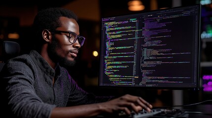 Programmer coding late night, office, screen, lines of code, technology