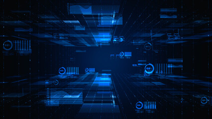 Futuristic digital data flow with analytics interface. Abstract technology scene showing a futuristic digital environment with floating data and analytical elements in blue tones. 3d rendering