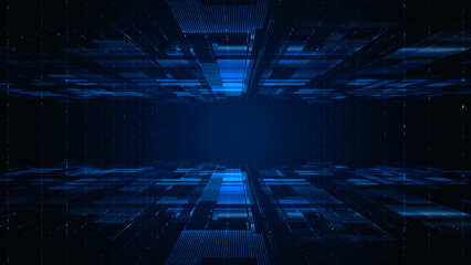 Futuristic digital data flow with analytics interface. Abstract technology scene showing a futuristic digital environment with floating data and analytical elements in blue tones. 3d rendering