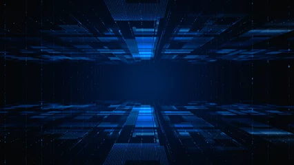 Keuken foto achterwand Futuristic digital data flow with analytics interface. Abstract technology scene showing a futuristic digital environment with floating data and analytical elements in blue tones. 3d rendering © Supichchanan