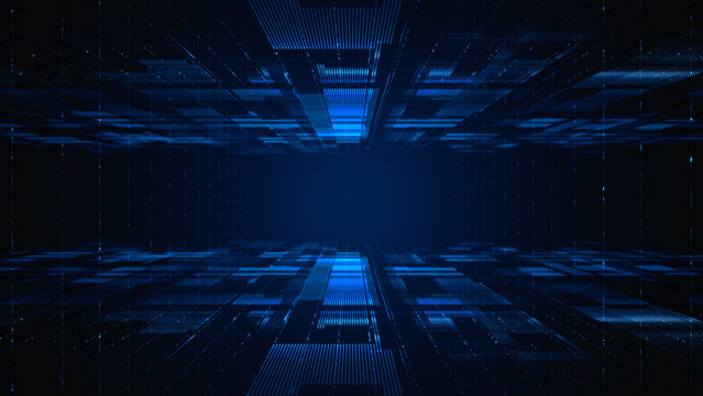 Futuristic digital data flow with analytics interface. Abstract technology scene showing a futuristic digital environment with floating data and analytical elements in blue tones. 3d rendering