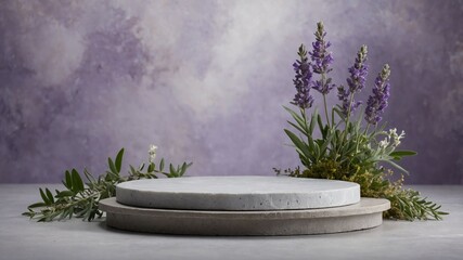 Minimalistic Pastel Lavender Podium with Purple Flowers on Rustic Stone.