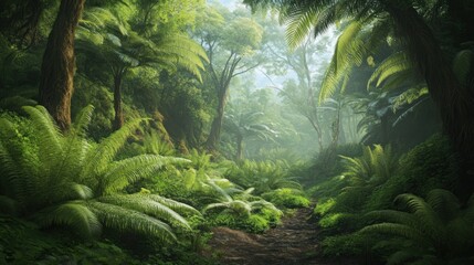 Jungle Path with Lush Greenery and Misty Atmosphere