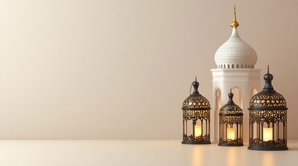 Elegant Islamic lanterns and miniature mosque.