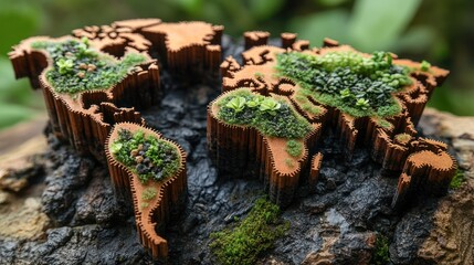 Miniature world map, succulents, wood, garden, greenery, background blur, environmental concept