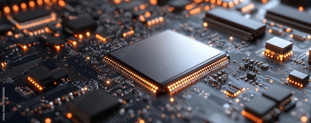 Poster a close-up view of a circuit board featuring a prominent microchip and glowing components, highlight