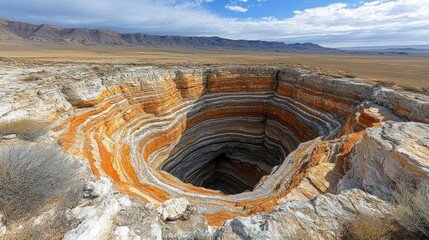 A deep geological pit showcasing colorful stratified rock layers in a vast landscape.